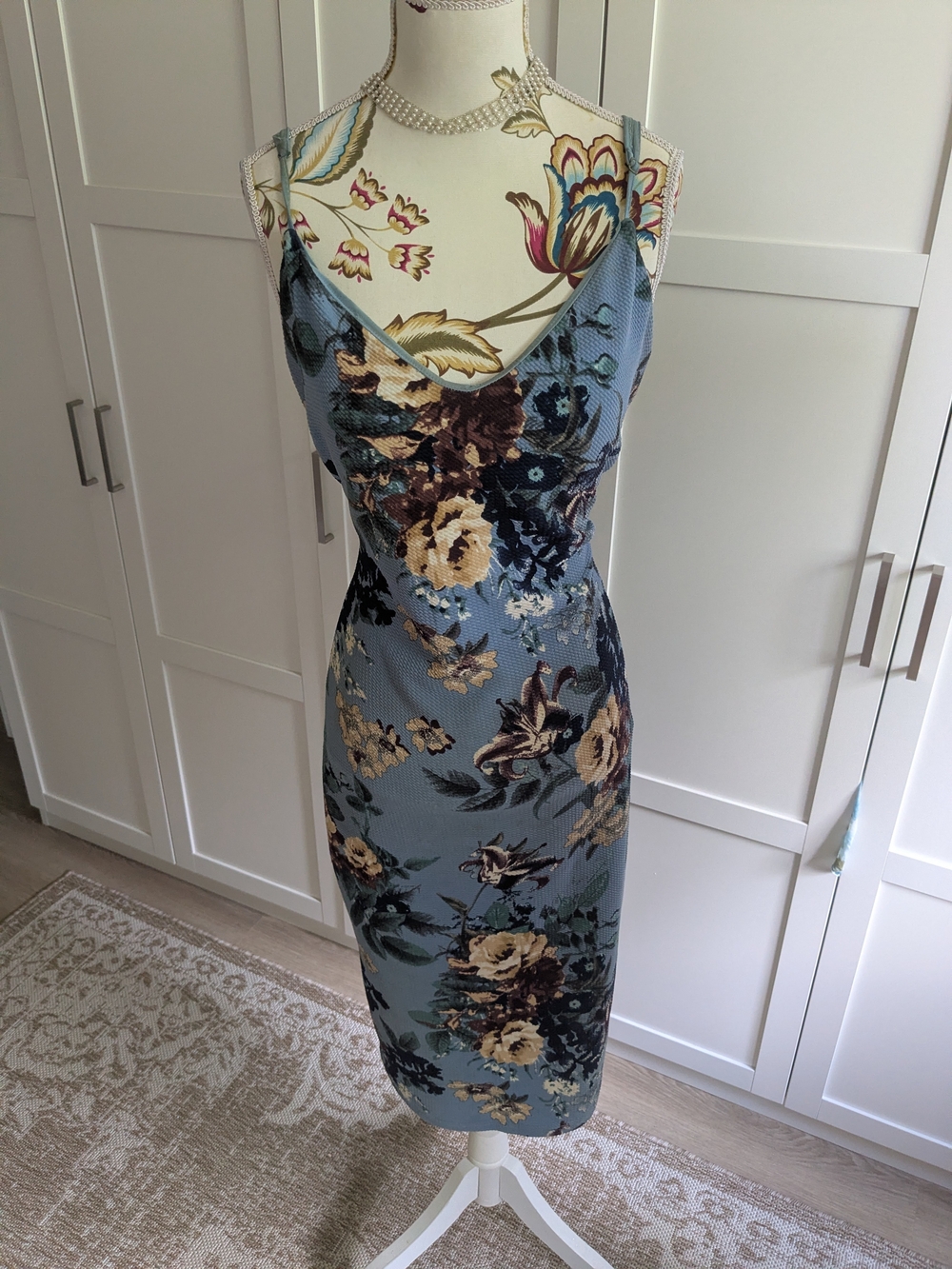 Revamped Dusty Blue Floral Slip Midi Dress